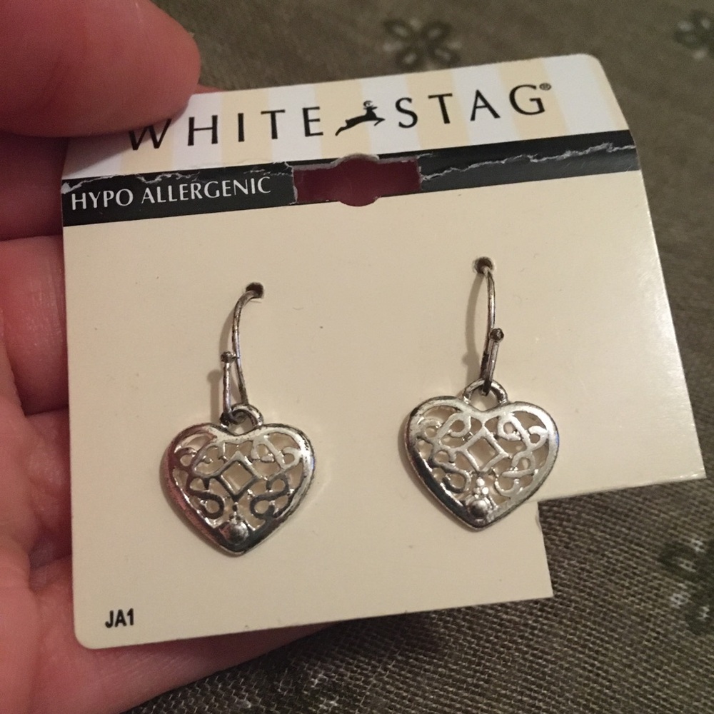 Vintage White Stag Silver Heart Earrings